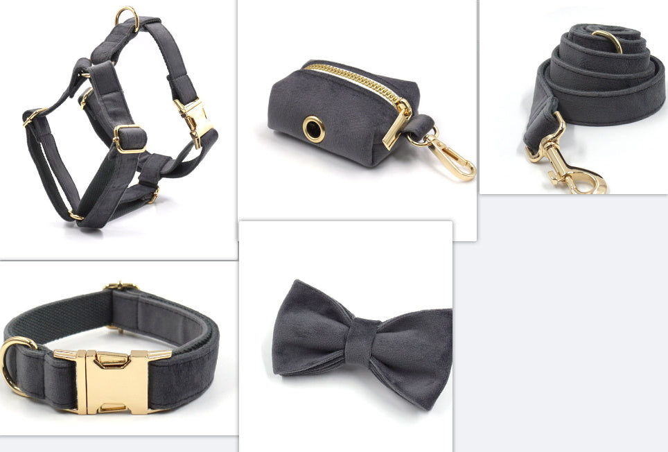 Dark Grey Velvet Pet Collar Leash